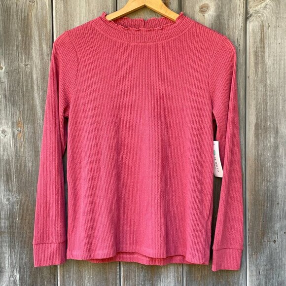 NWT Pink Clover Ribbed Knit Mock Ruffle Neck Top Womens M Raspberry Long Sleeve - Picture 11 of 11
